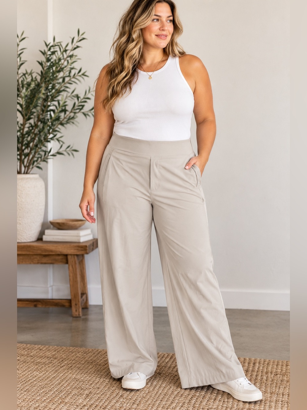 Athleta Brooklyn Heights High Rise Wide Leg Trouser Featherstone Tan Plus Size